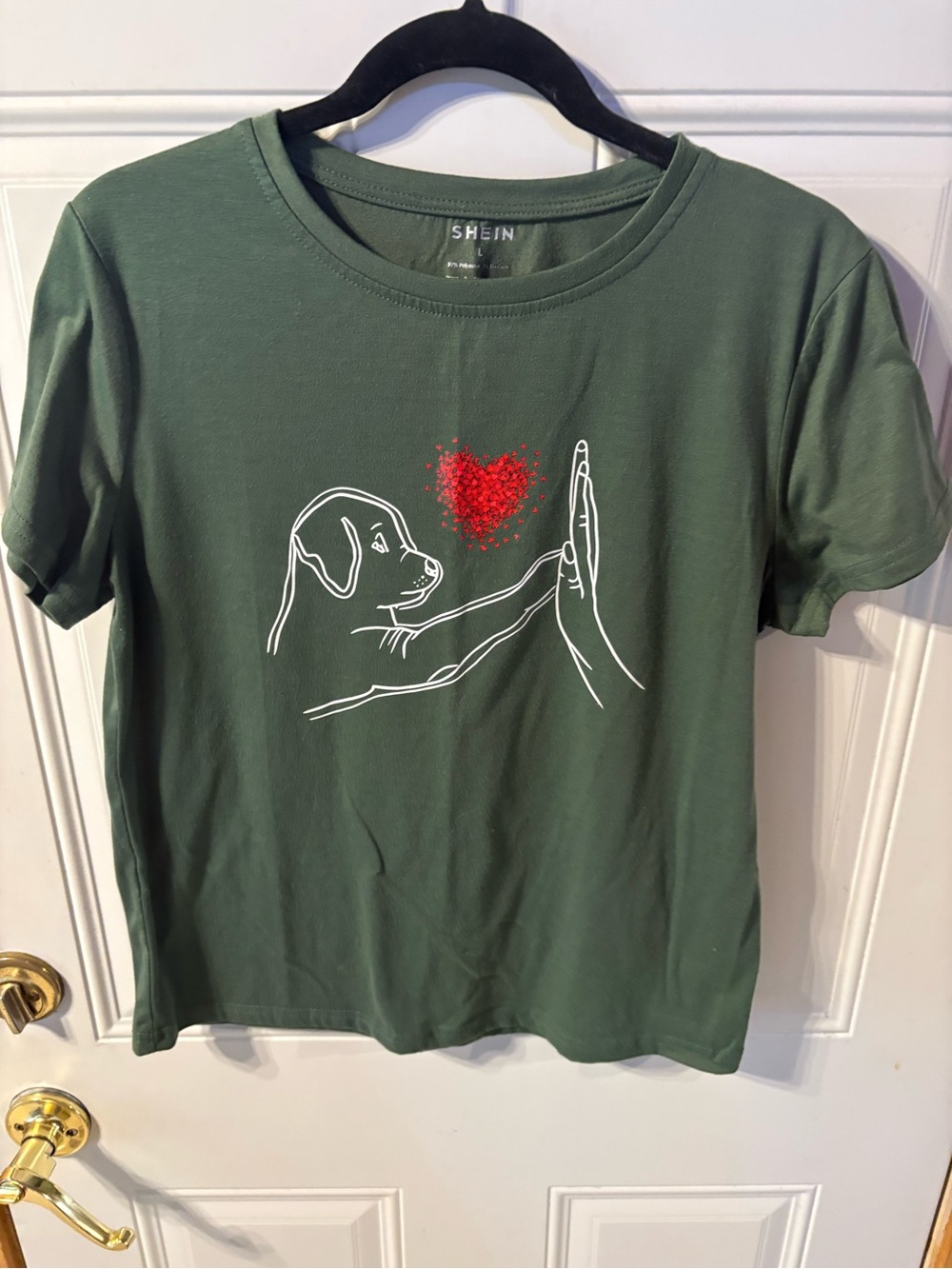 SHEIN Olive Green Dog High-Five Tee with Red Heart Size Large